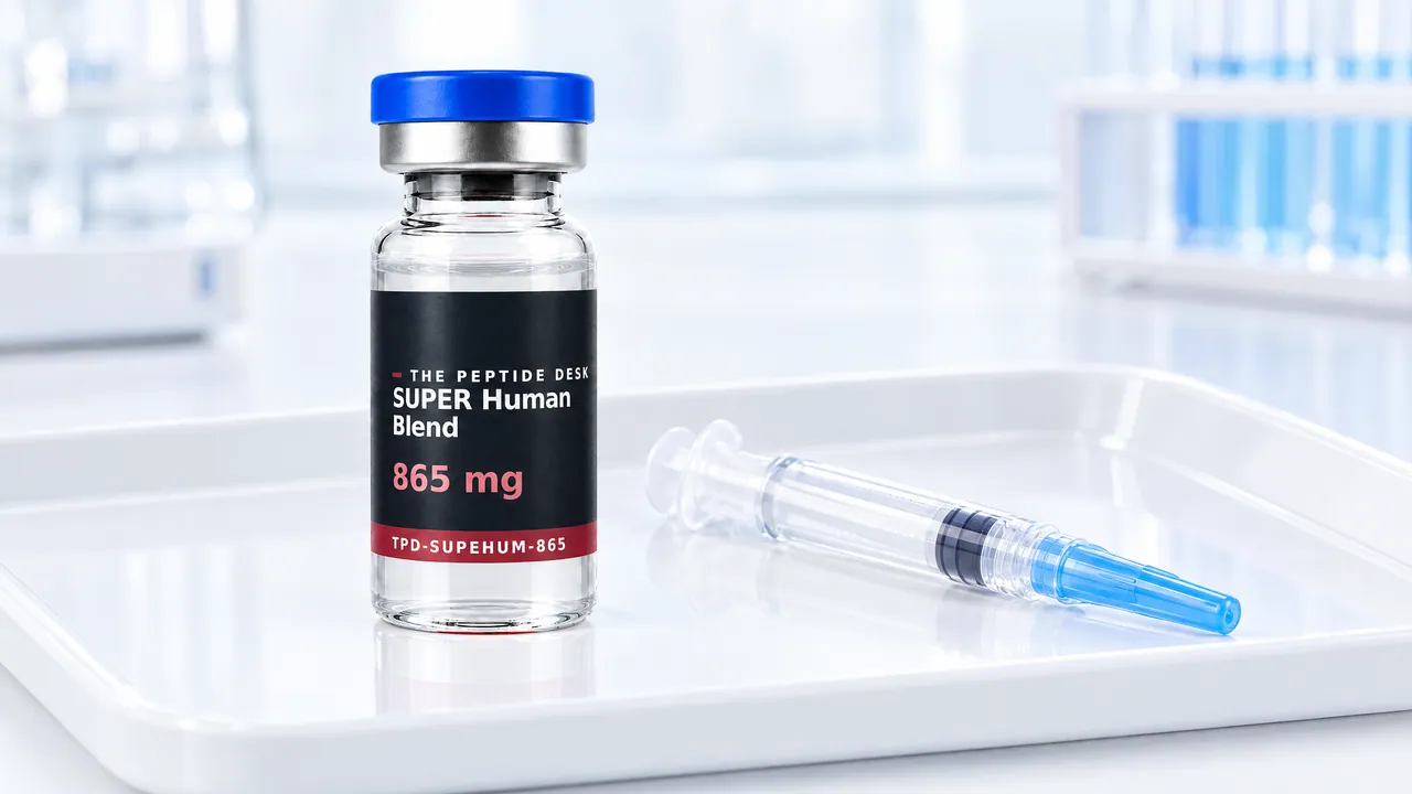 SUPER Human Blend vial with the black TPD label and a disposable syringe on a white tray