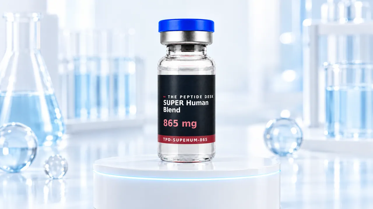 Vial with clear liquid, blue cap and the black TPD label of SUPER Human Blend on a white podium with a blue light ring, lab glassware behind it