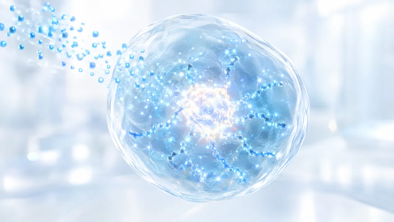 A glassy cell with a glowing core, blue molecular chains streaming in from the left