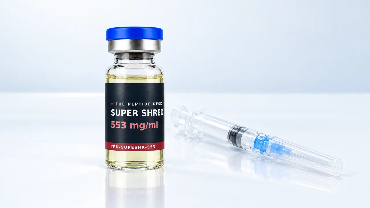 SUPER SHRED vial with golden oil and the black TPD label, next to it a disposable syringe on a white surface