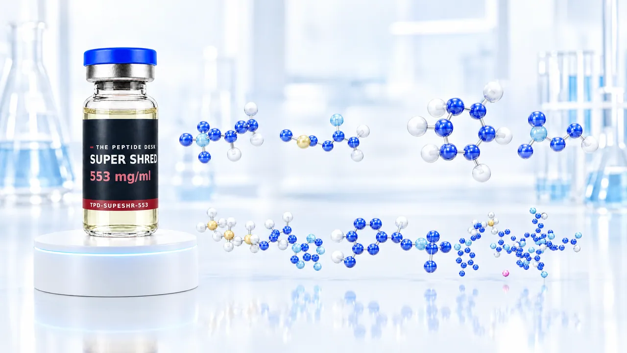 Vial with golden oil, blue cap and the black TPD label of SUPER SHRED on a white podium, next to it floating blue 3D molecules