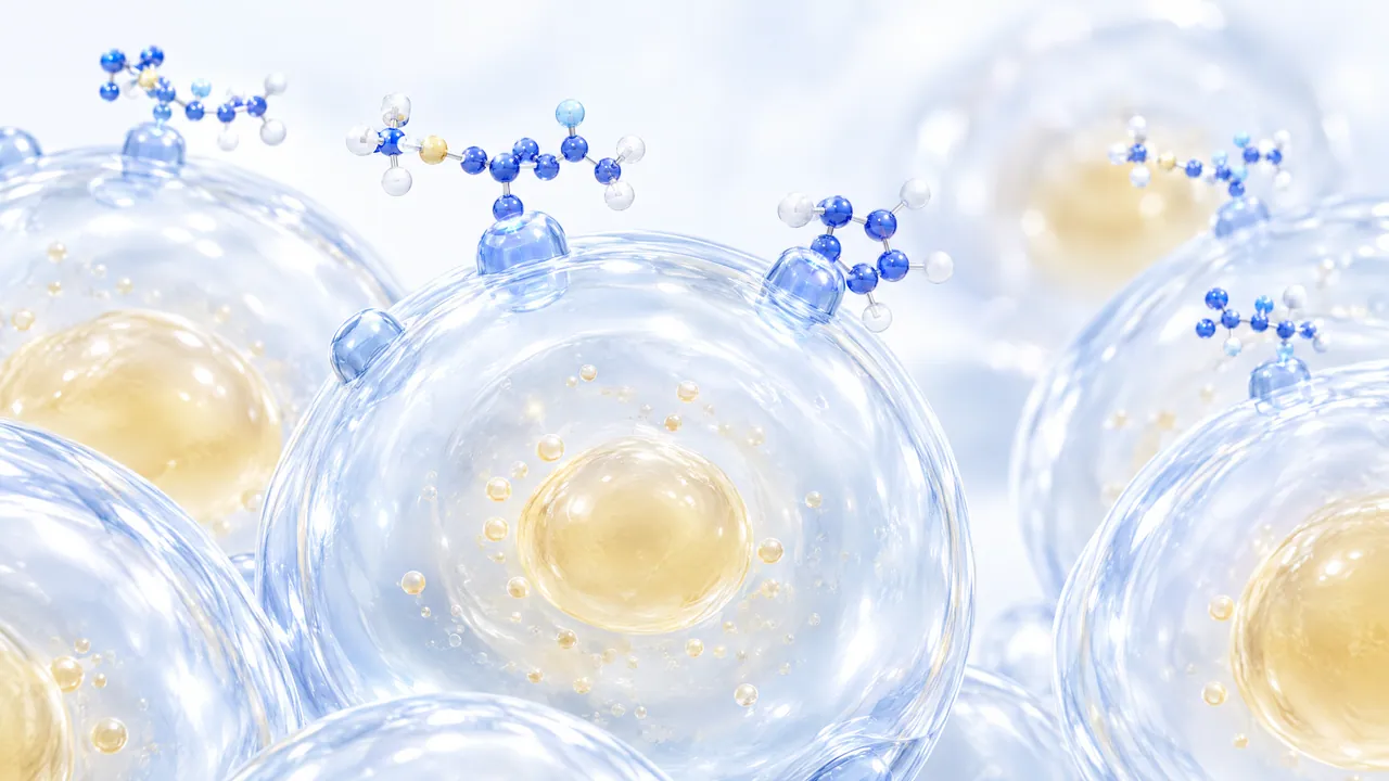 Glassy fat cells with golden cores, blue 3D molecules docking onto their surface
