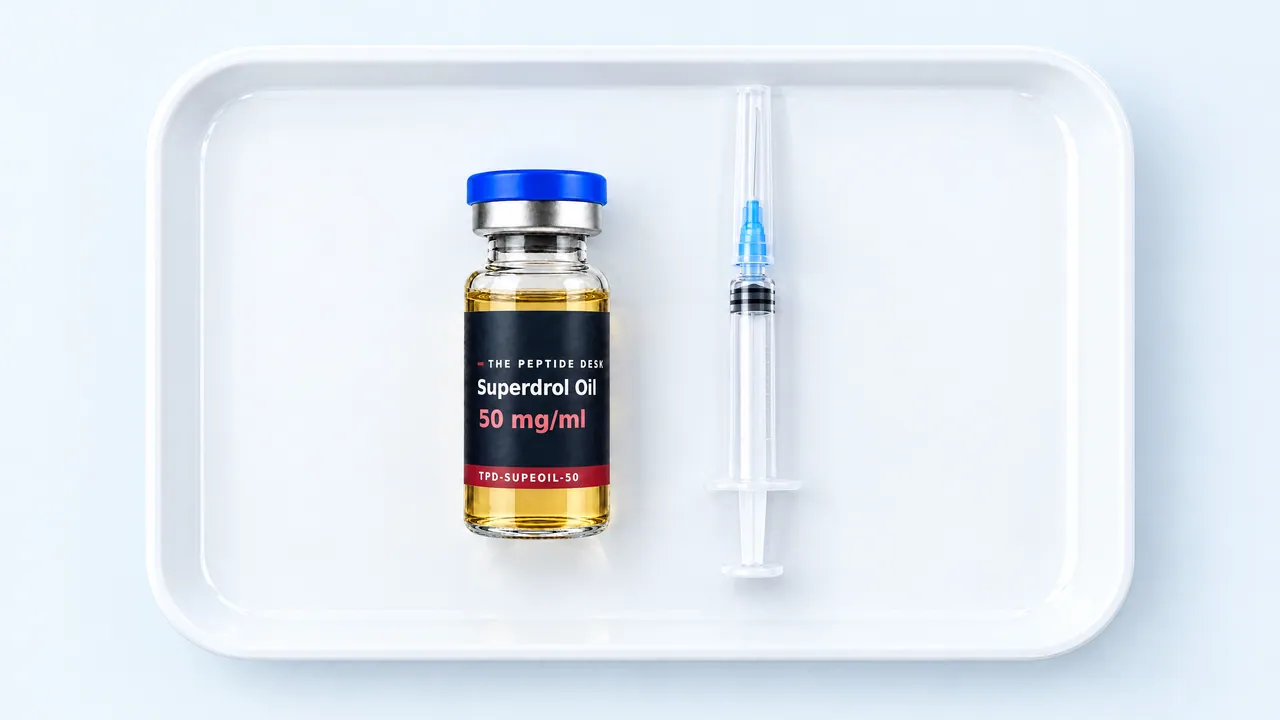 Glass vial with golden oil and a blue cap beside a syringe on a white tray, seen from above