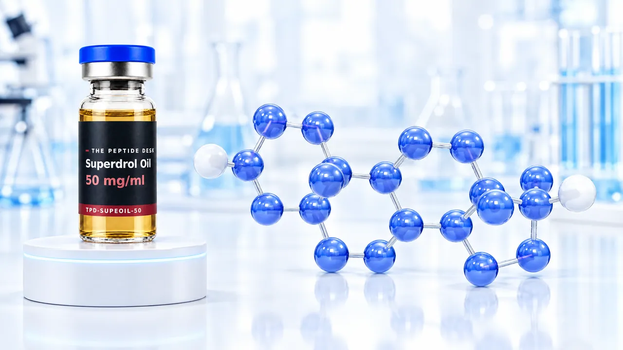Glass vial with golden oil and a blue cap on a white podium with a glowing ring, next to it a large blue 3D steroid molecule in front of a bright lab