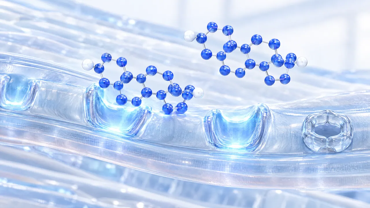 Two blue 3D steroid molecules above a translucent glass fibre with pockets, one resting glowing in a docking site
