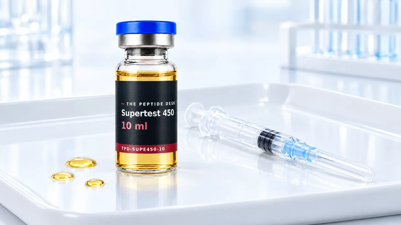 Small amber glass vial with slightly yellowish oil and a grey stopper beside a capped syringe on a white tray, a few oil droplets next to it