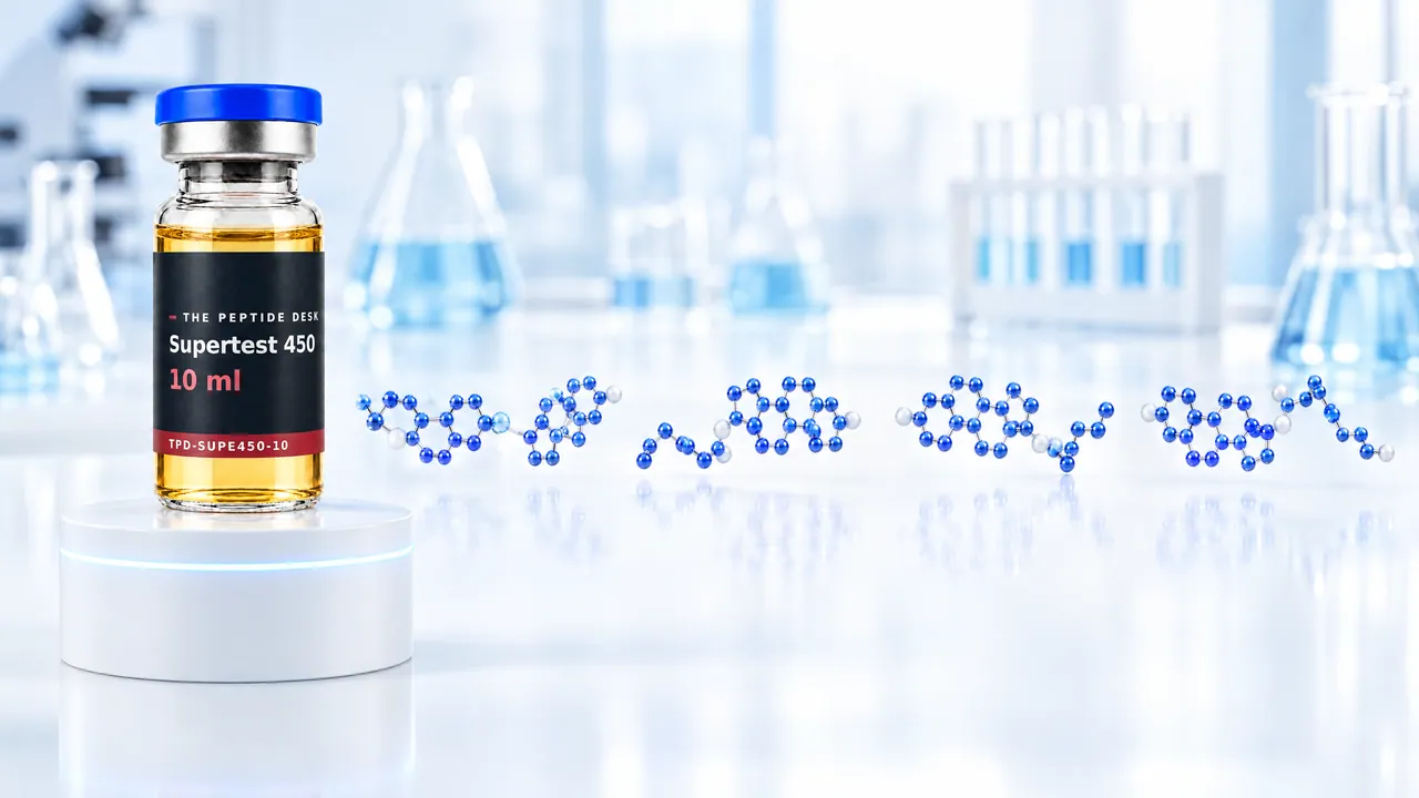 Many glossy blue 3D steroid molecules with side chains of widely different length arranged in an arc above a wide white podium with a glowing light-blue ring, symbolic image for Supertest 450