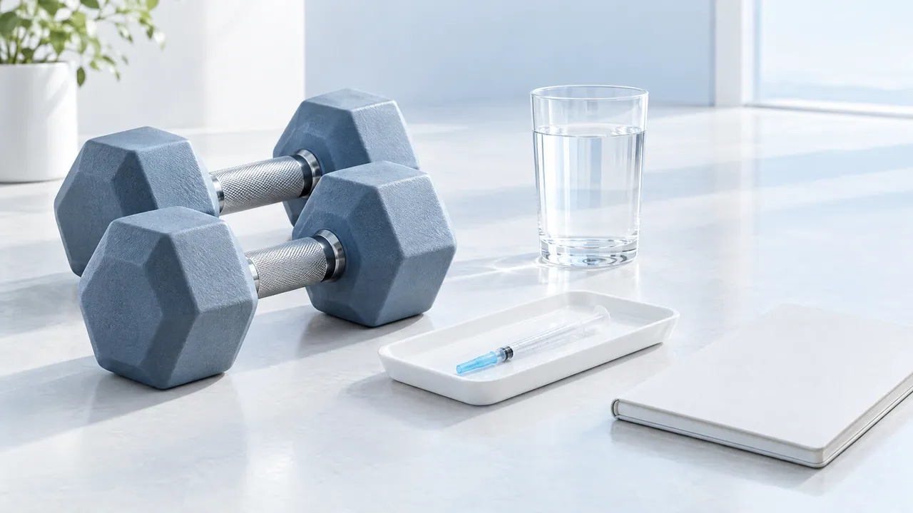 Minimal still life: heavy dumbbells on a light floor, a glass of water, a capped syringe on a white tray and a closed notebook