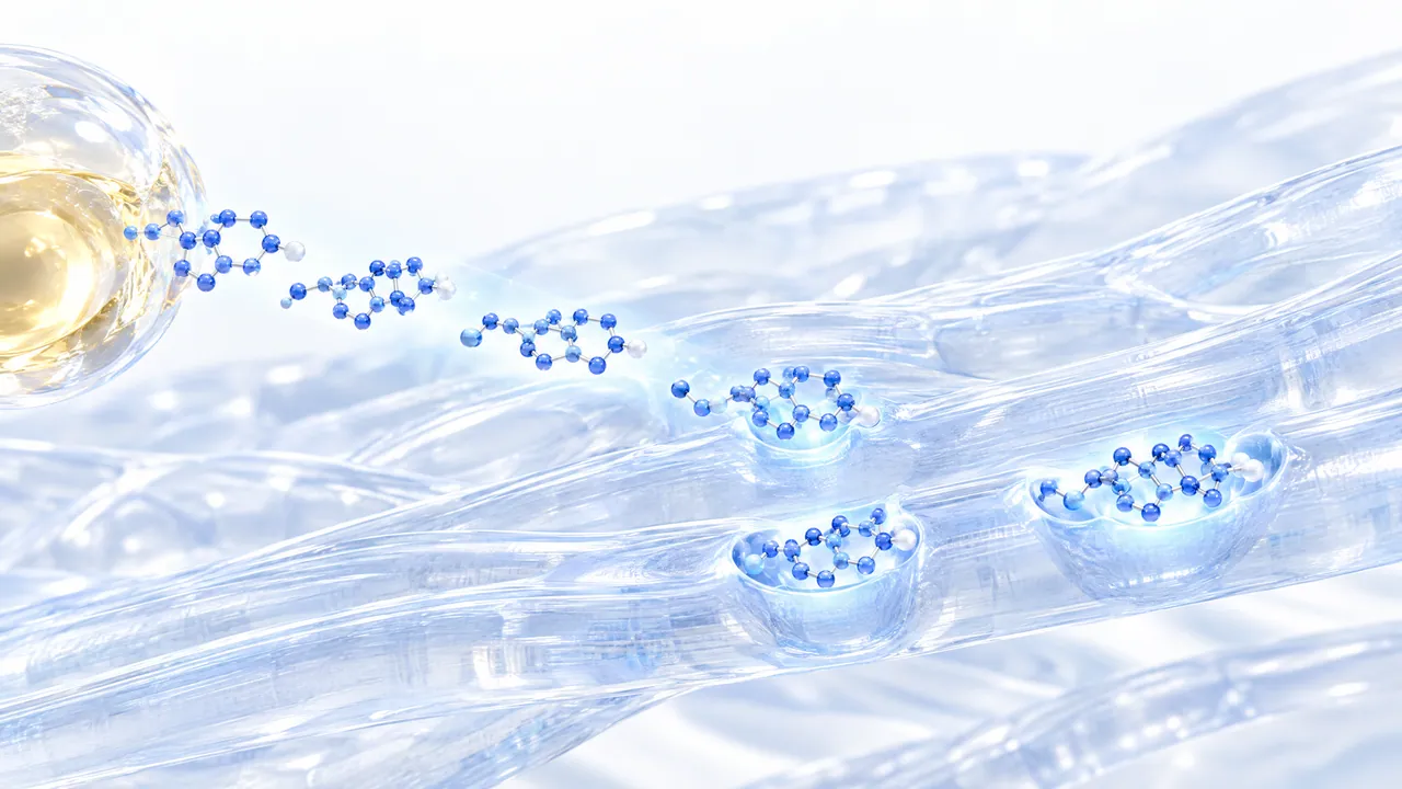 Translucent glass muscle fibres with docking sites, blue steroid molecules leaving an oily depot sphere one after another and docking