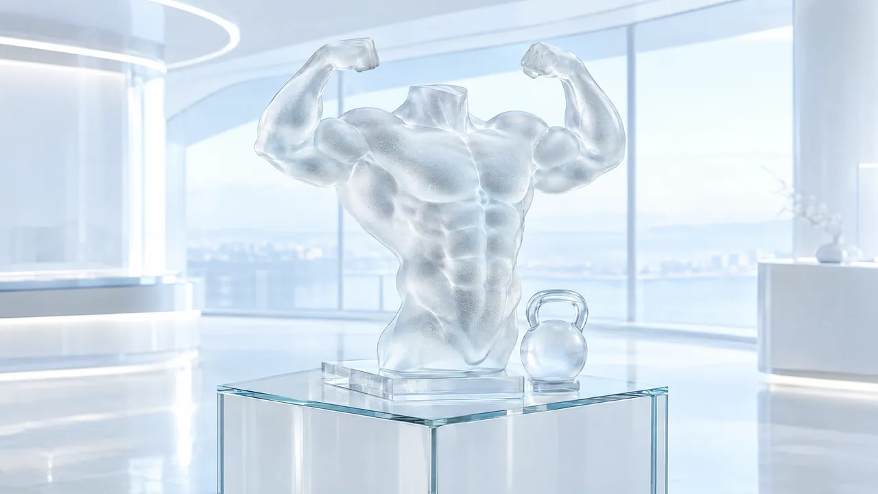 Large frosted glass muscle sculpture on a glass pedestal with a small glass kettlebell in front