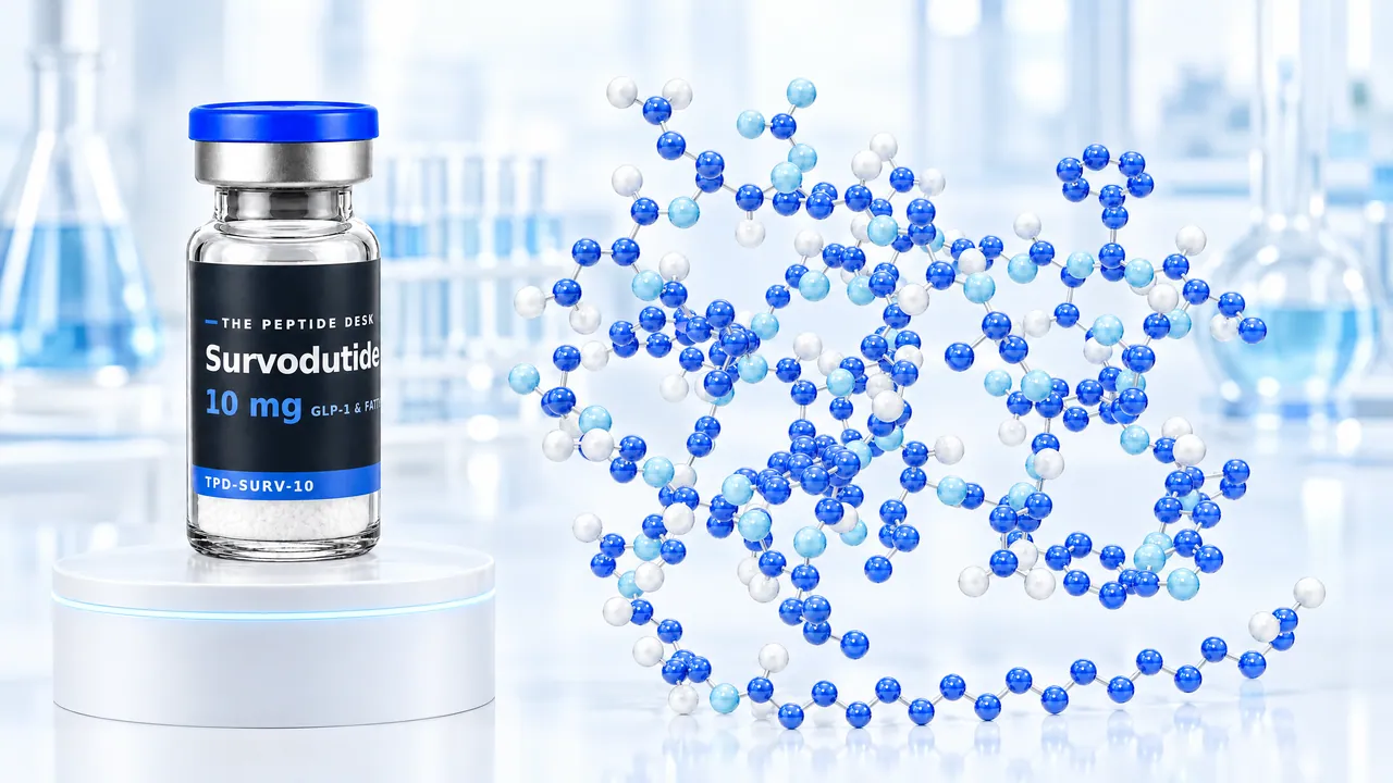 Survodutide vial with white powder and the black TPD label on a white podium, next to a large blue 3D peptide chain in a bright lab