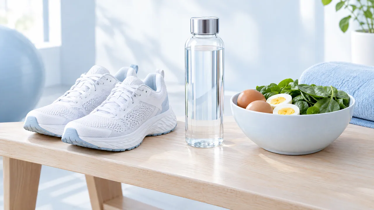 White running shoes, a glass bottle of water and a bowl with eggs and spinach on a light wooden bench