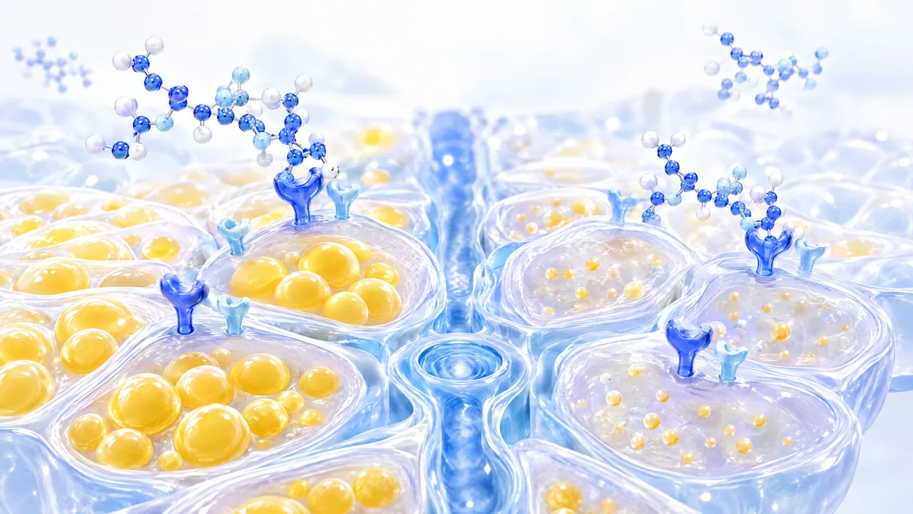 Translucent blue cells with golden yellow fat droplets, with blue 3D molecules docking onto receptors on their surface