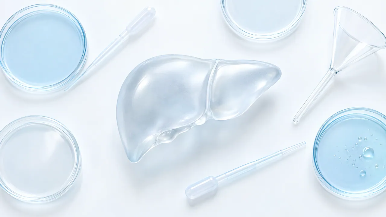 Glass model of a liver on a white table between Petri dishes, pipettes and a glass funnel