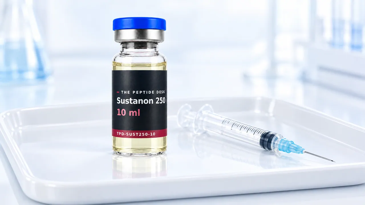Small glass vial with clear, slightly yellowish oil and a grey stopper on a white tray, a capped syringe beside it