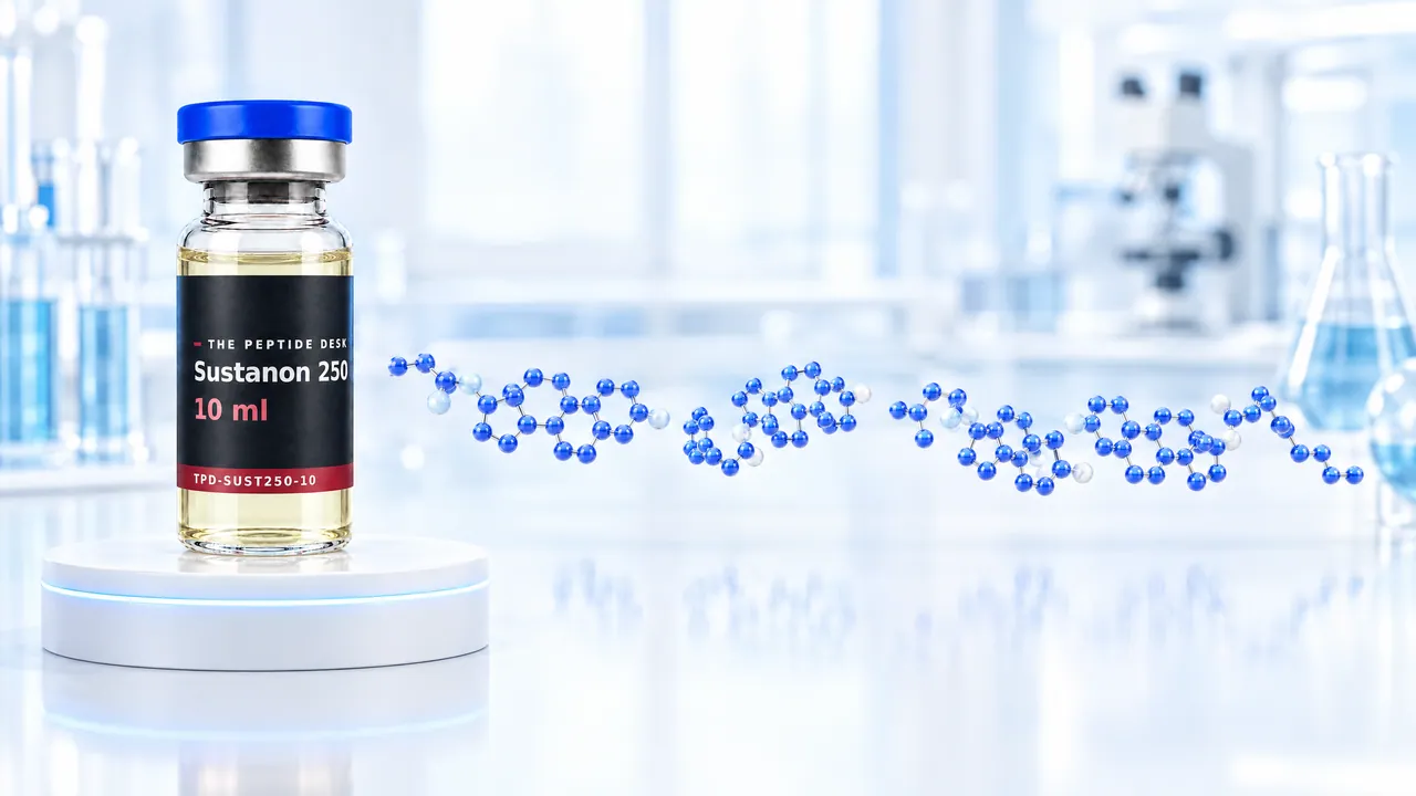 Several glossy blue 3D steroid molecules with side chains of different length above a white podium with a glowing light-blue ring, symbolic image for Sustanon 250