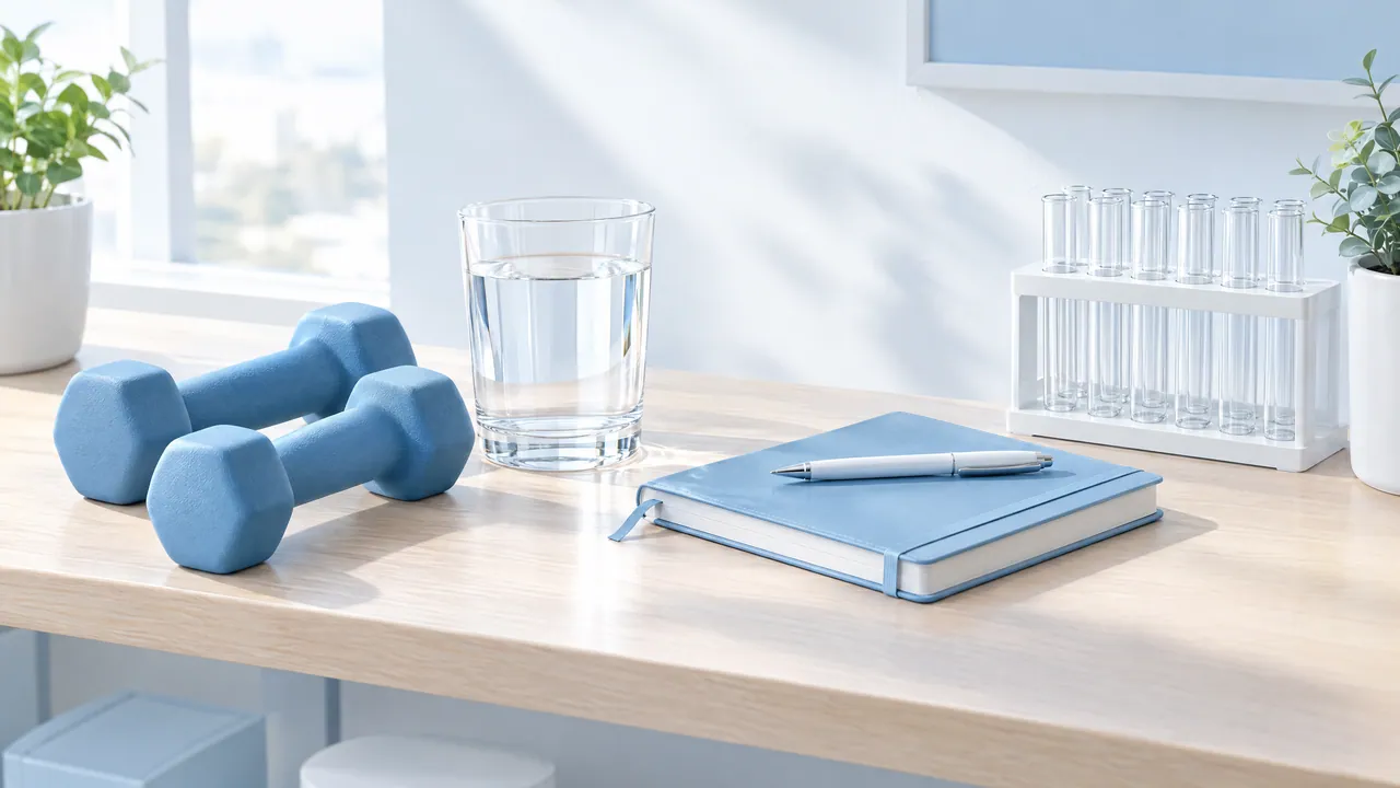 Calm still life on a light wooden shelf: dumbbells, a glass of water, a closed notebook with a pen and empty sample tubes in morning light