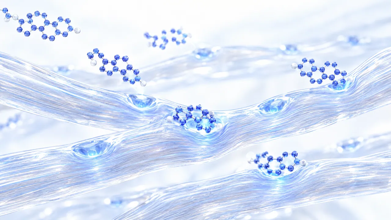Translucent glass muscle fibres with docking sites where blue steroid molecules dock one wave after another