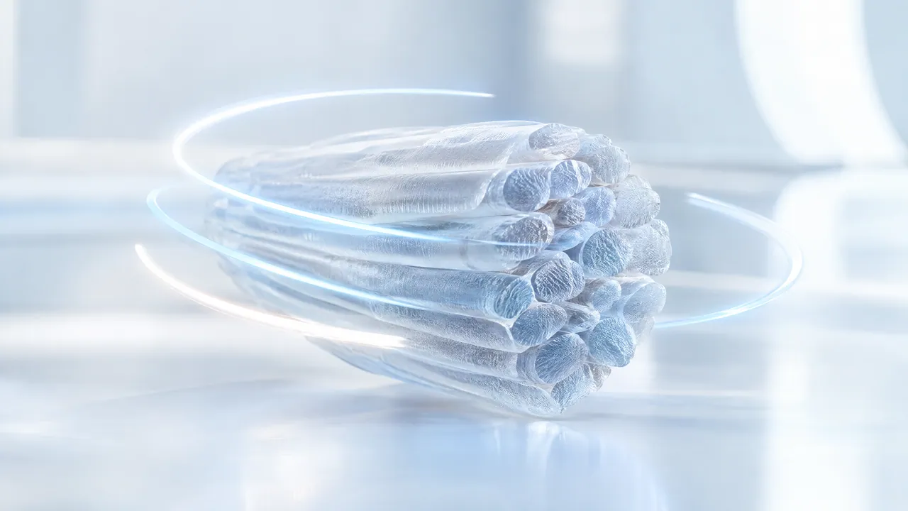 Translucent glass muscle fibre bundle circled by four light trails of different length