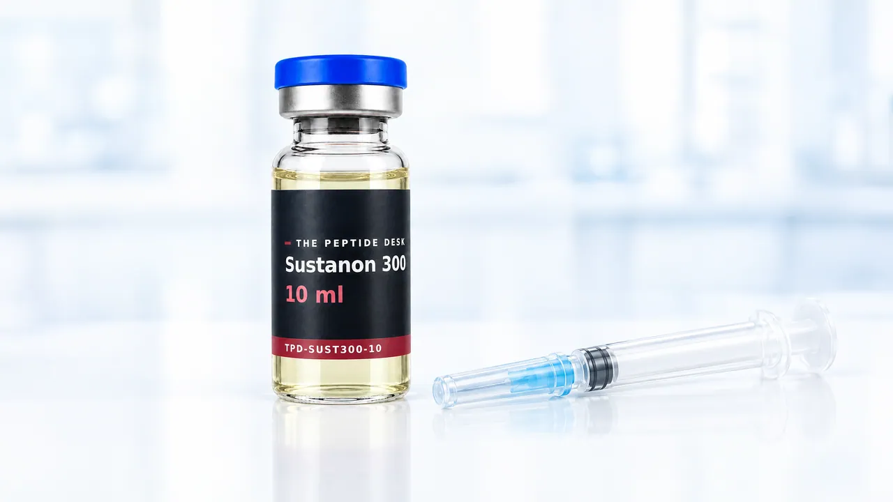 Small amber glass vial with clear, slightly yellowish oil and a grey stopper, a capped syringe beside it on a white table
