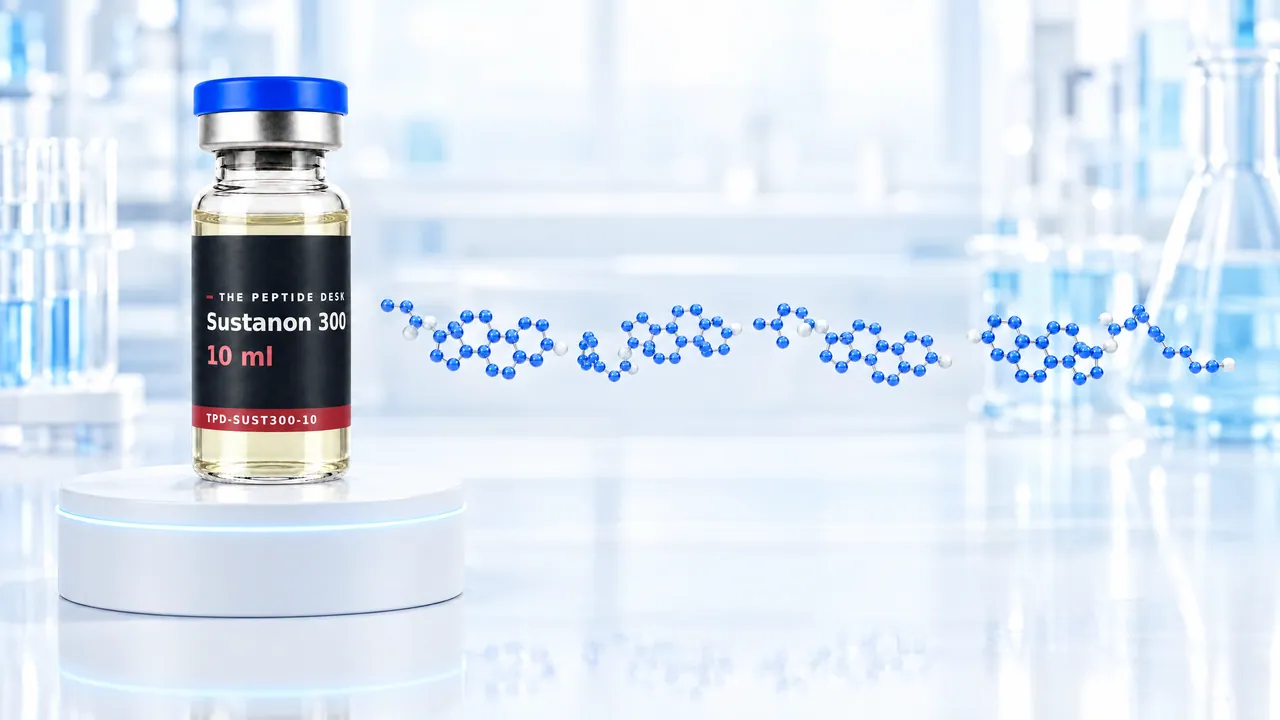 Glossy blue 3D steroid molecule surrounded by detachable ester chains of different length above a white podium with a glowing light-blue ring, a golden oil drop beside it, symbolic image for Sustanon 300