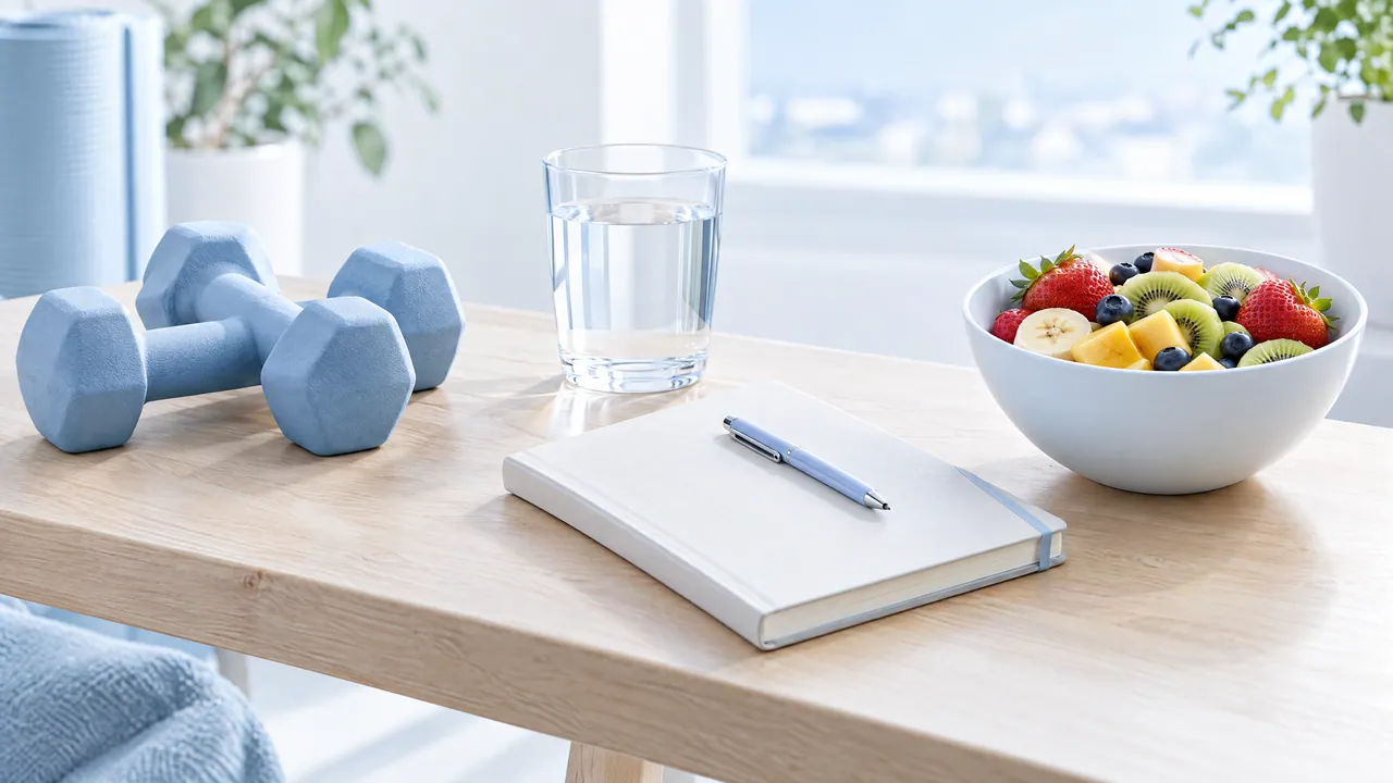 Calm still life on a light wooden bench: dumbbells, a glass of water, a closed notebook with a pen and a bowl of fresh fruit in daylight