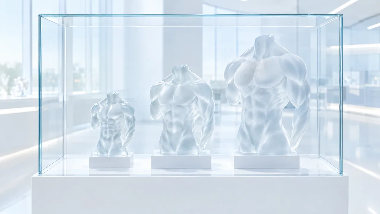 Glass display case with three frosted glass muscle sculptures of rising size on a white plinth
