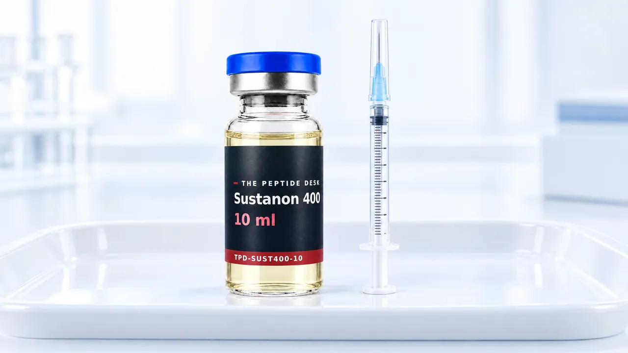 Small glass vial with slightly yellowish oil and a grey stopper beside a slim capped syringe with fine graduations on a white tray