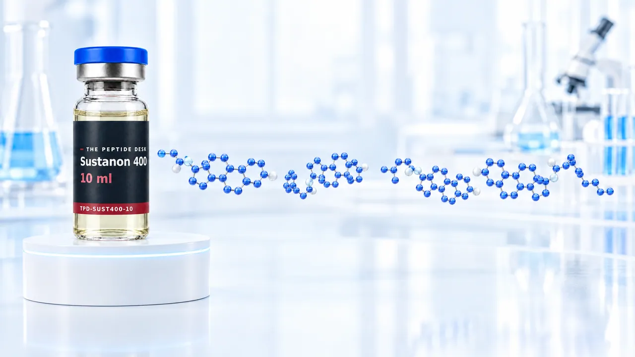 Dense cluster of glossy deep-blue 3D steroid molecules with side chains of varying length just above a white podium with a glowing light-blue ring, symbolic image for Sustanon 400