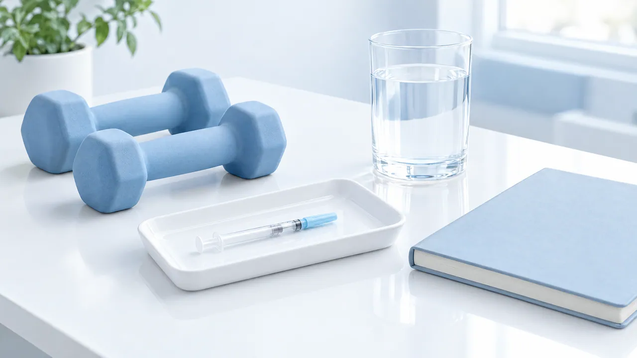 Tidy still life: capped syringe on a white tray beside dumbbells, a glass of water and a closed notebook