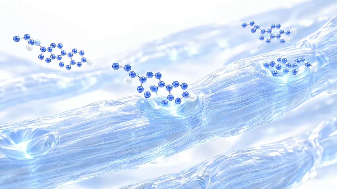 Translucent glass muscle fibres with docking sites, a dense stream of small blue steroid molecules flowing in and docking