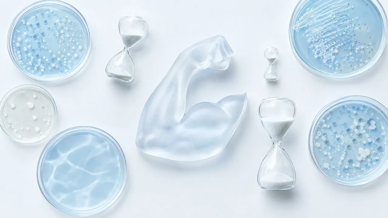 Petri dishes and three small glass hourglasses of different sizes around a frosted glass bicep model, seen from above