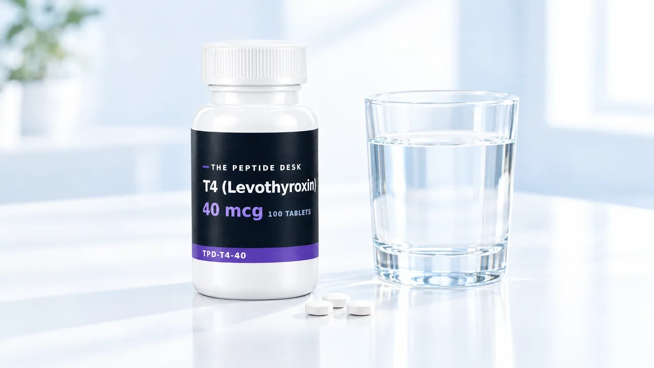 White tablet bottle with a black TPD label for T4 (levothyroxine), next to it three tablets and a glass of water