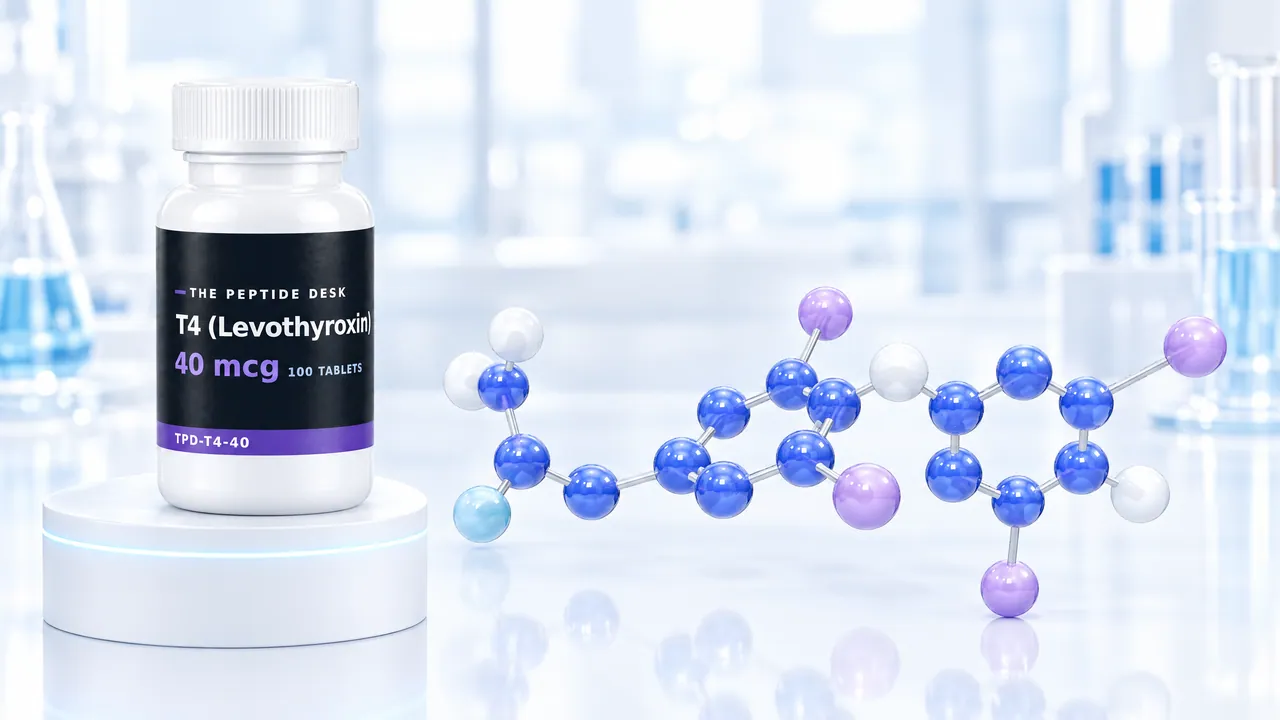 White tablet bottle with a black TPD label for T4 (levothyroxine) on a white podium, next to it a blue and violet 3D molecule in a bright lab