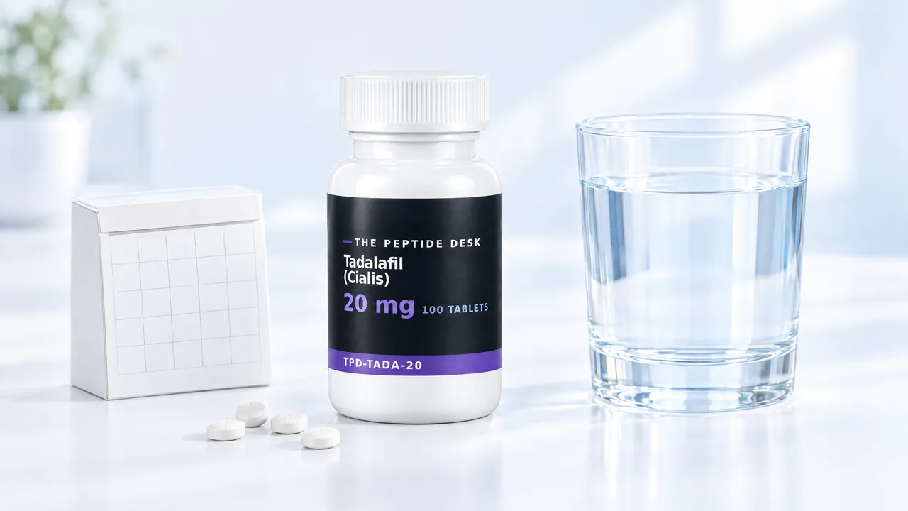 White tablet bottle with a black TPD label for tadalafil, next to it a small white box, four tablets and a glass of water