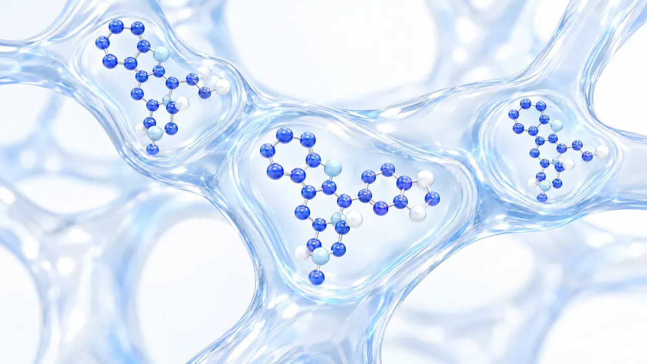 Glassy honeycomb-like tissue with light blue chambers holding blue molecules