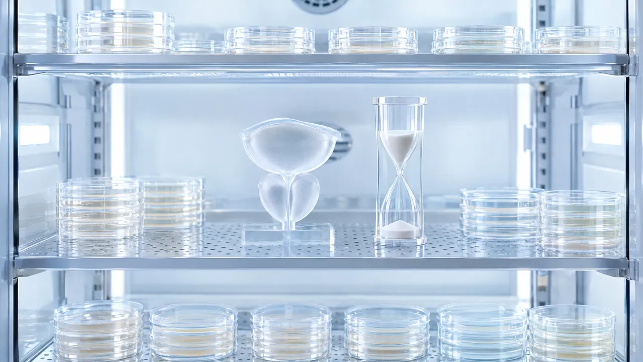 Glass lab cabinet with petri dishes, in the middle a frosted glass model and an hourglass