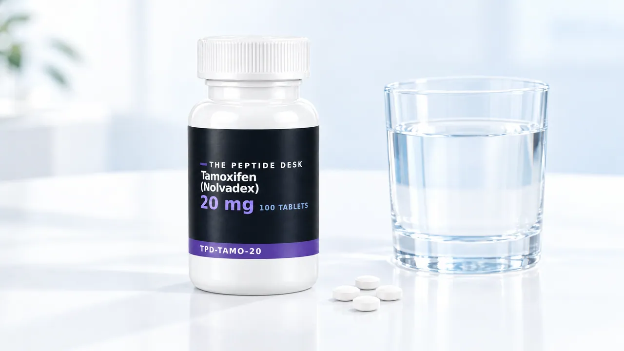 White tablet bottle with a black TPD label for tamoxifen, next to it three tablets and a glass of water