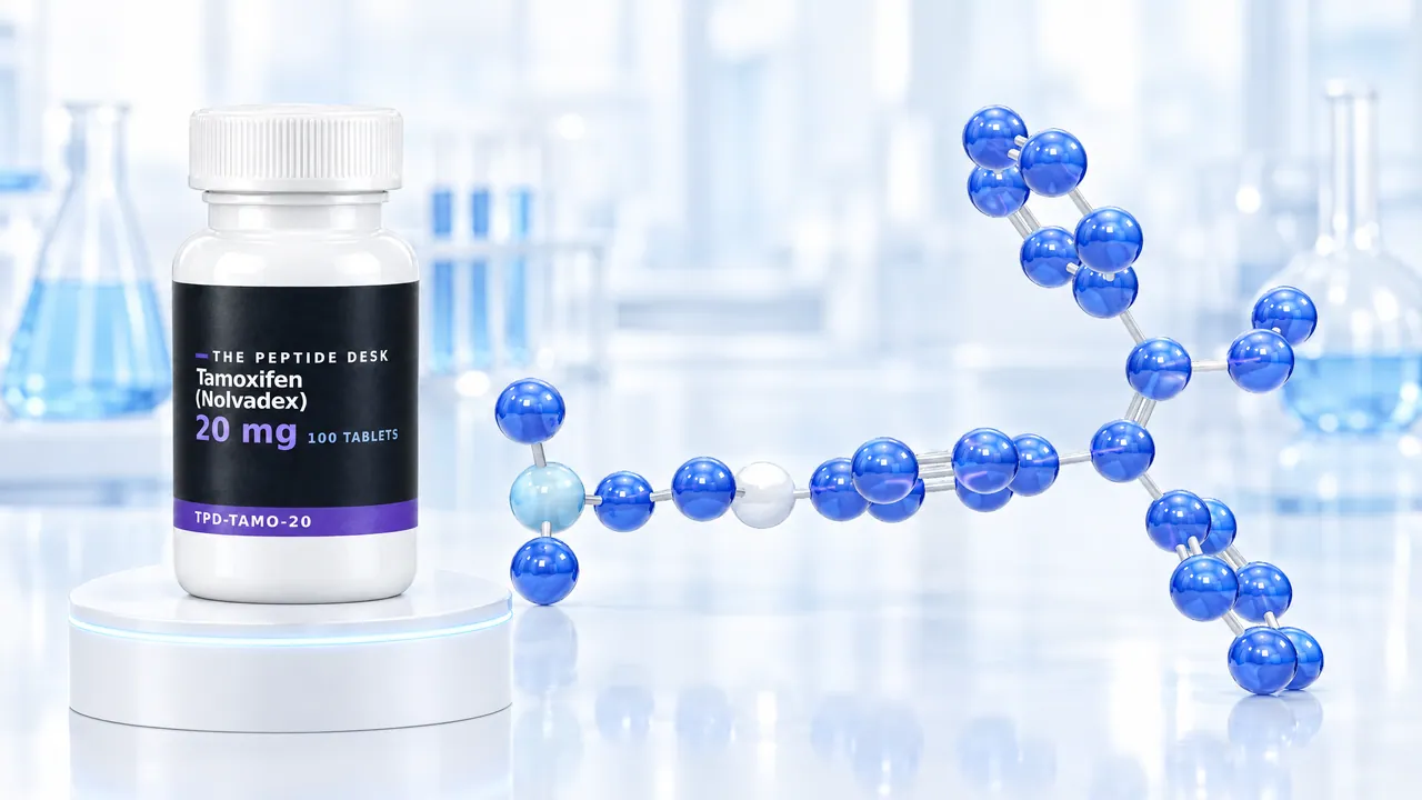 White tablet bottle with a black TPD label for tamoxifen on a white podium, next to it a large blue 3D molecule in a bright lab