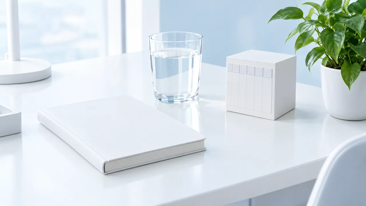 Bright desk with a glass of water, a white notebook, a white weekly pill box and a green plant