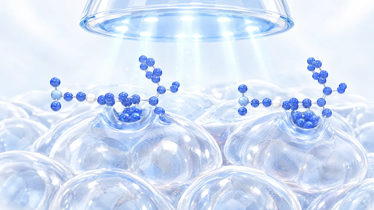 Blue molecules dock onto translucent bubble-like glass cells under a bright cone of light