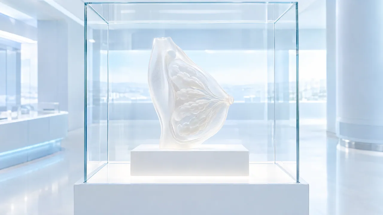 Frosted glass sculpture of a breast in a glass showcase on a white plinth