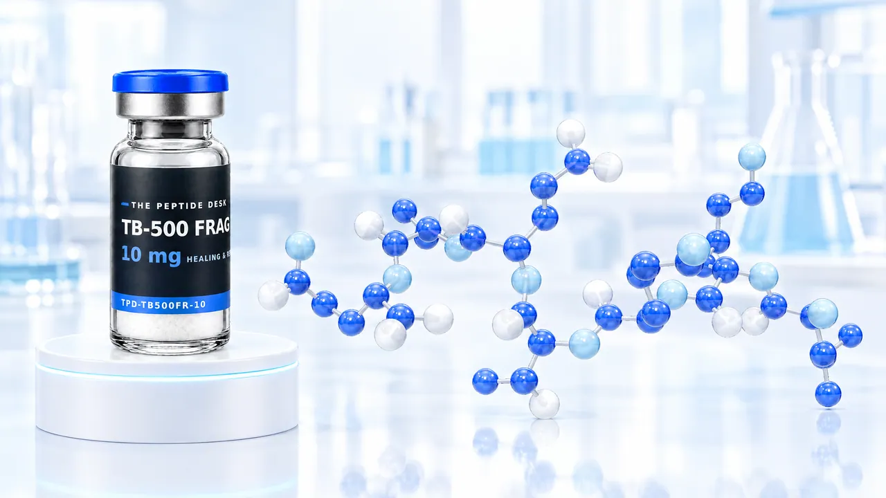TB-500 FRAG vial with white powder and the black TPD label on a white podium, next to a blue 3D molecule chain in a bright lab