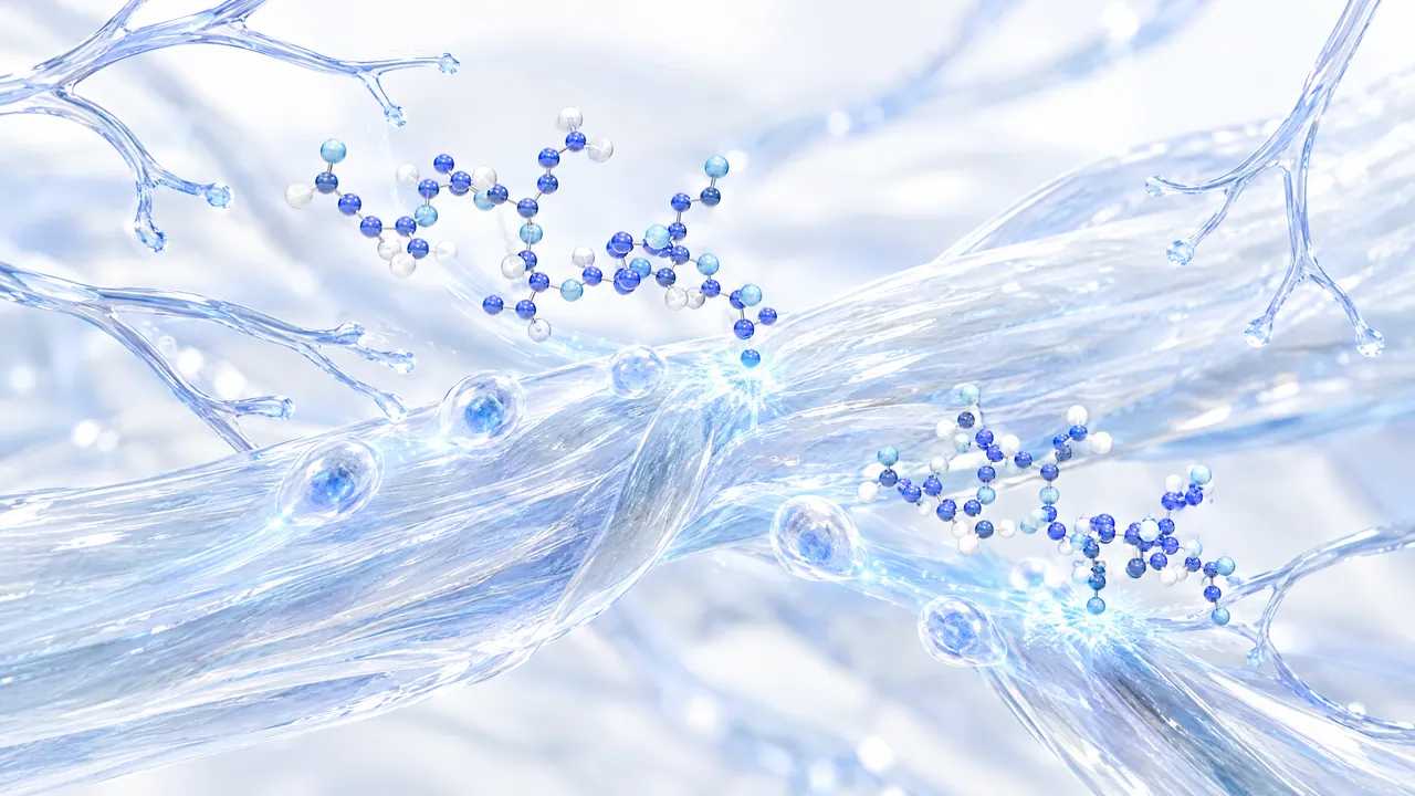 Glass fibre bundles with branching fine vessels that blue and white molecule chains dock onto