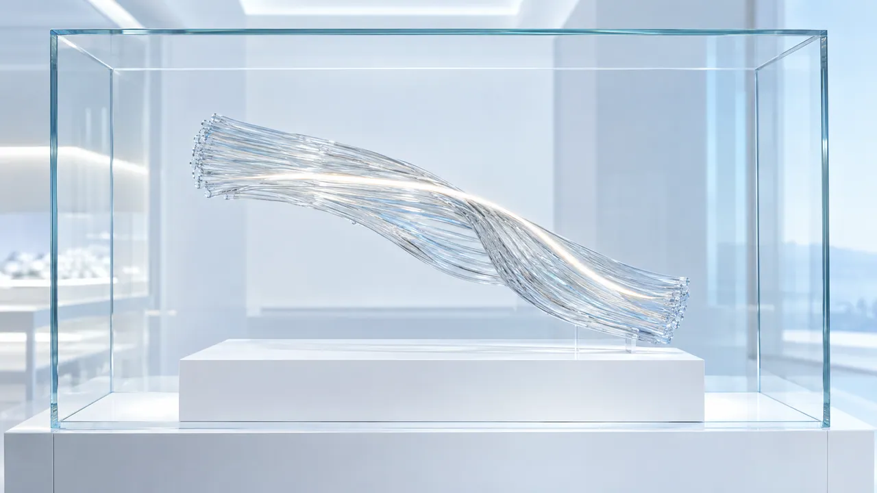Twisted glass fibre bundle like a tendon in a glass display case on a white plinth