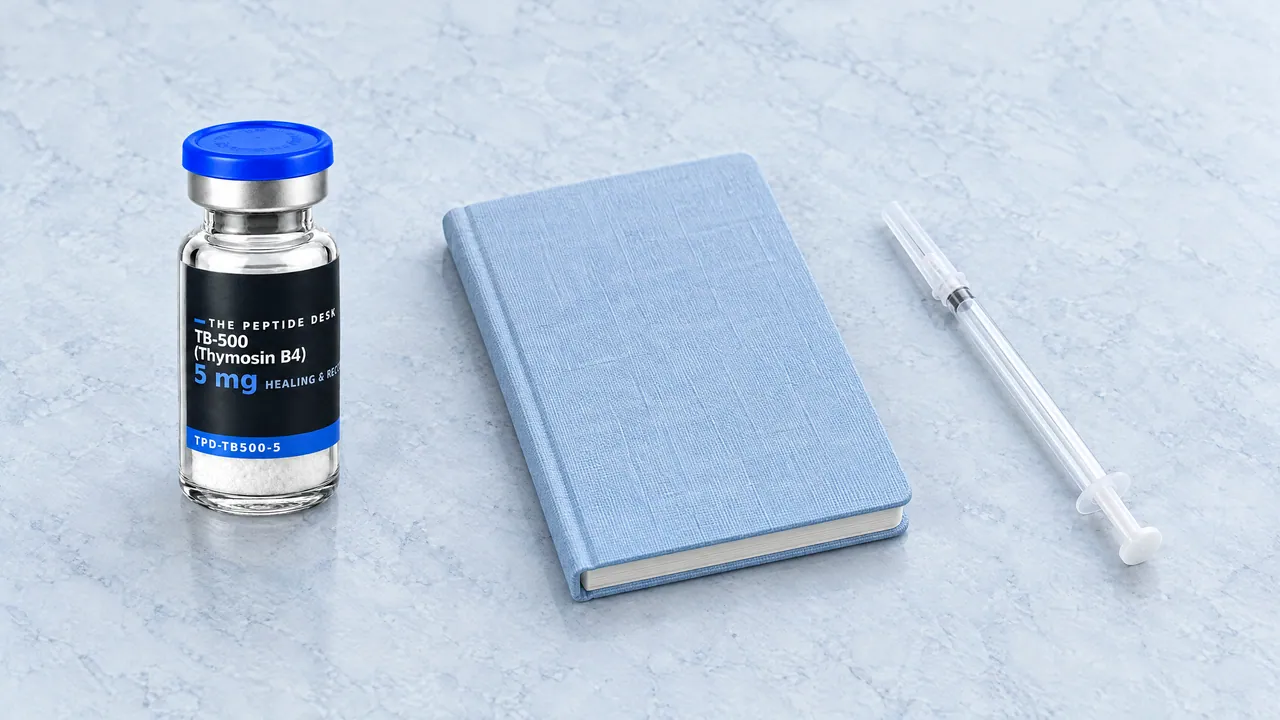 TB-500 vial on light blue stone with a closed notebook and an insulin syringe