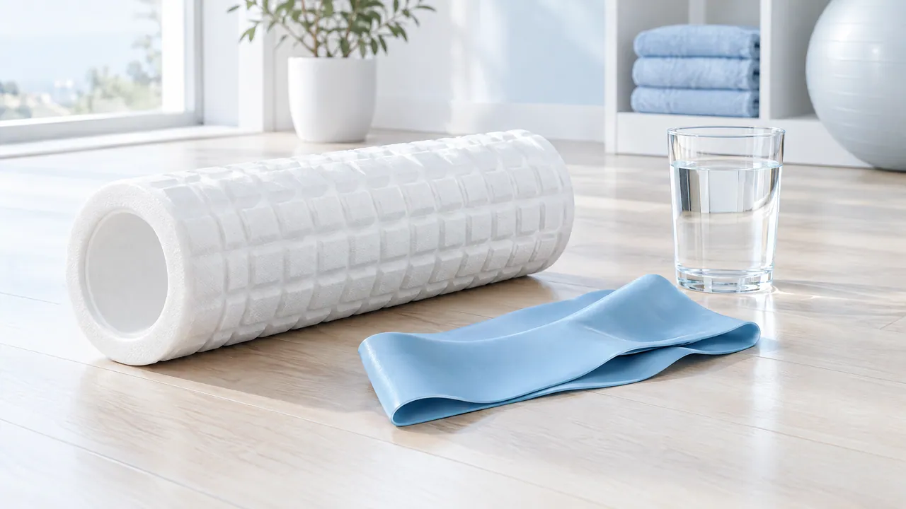 White foam roller, a light blue exercise band and a glass of water on a light wooden floor in a bright room
