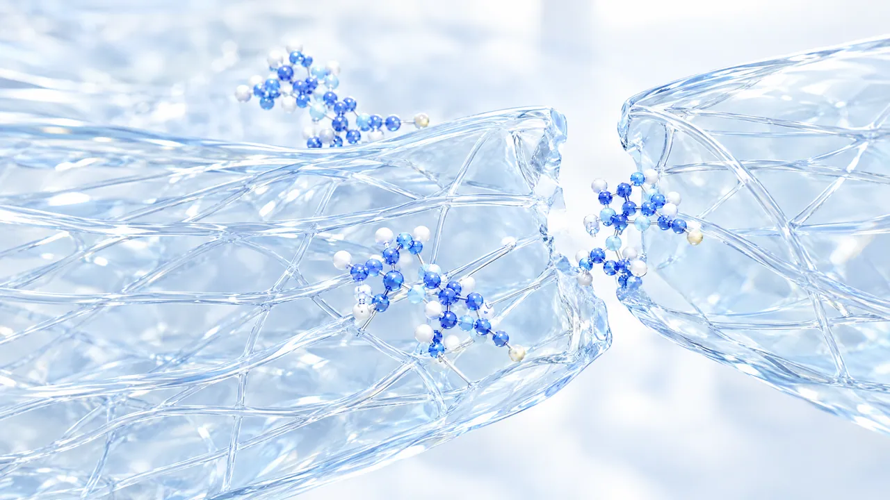Two translucent tissue tubes of glass fibres with a gap between them, blue 3D molecules sit on the fibres and at the break