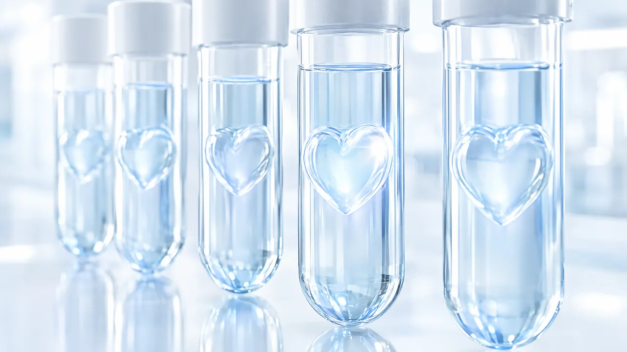 Row of sealed test tubes with clear liquid, each with a glass heart inside, one of them glowing brightly