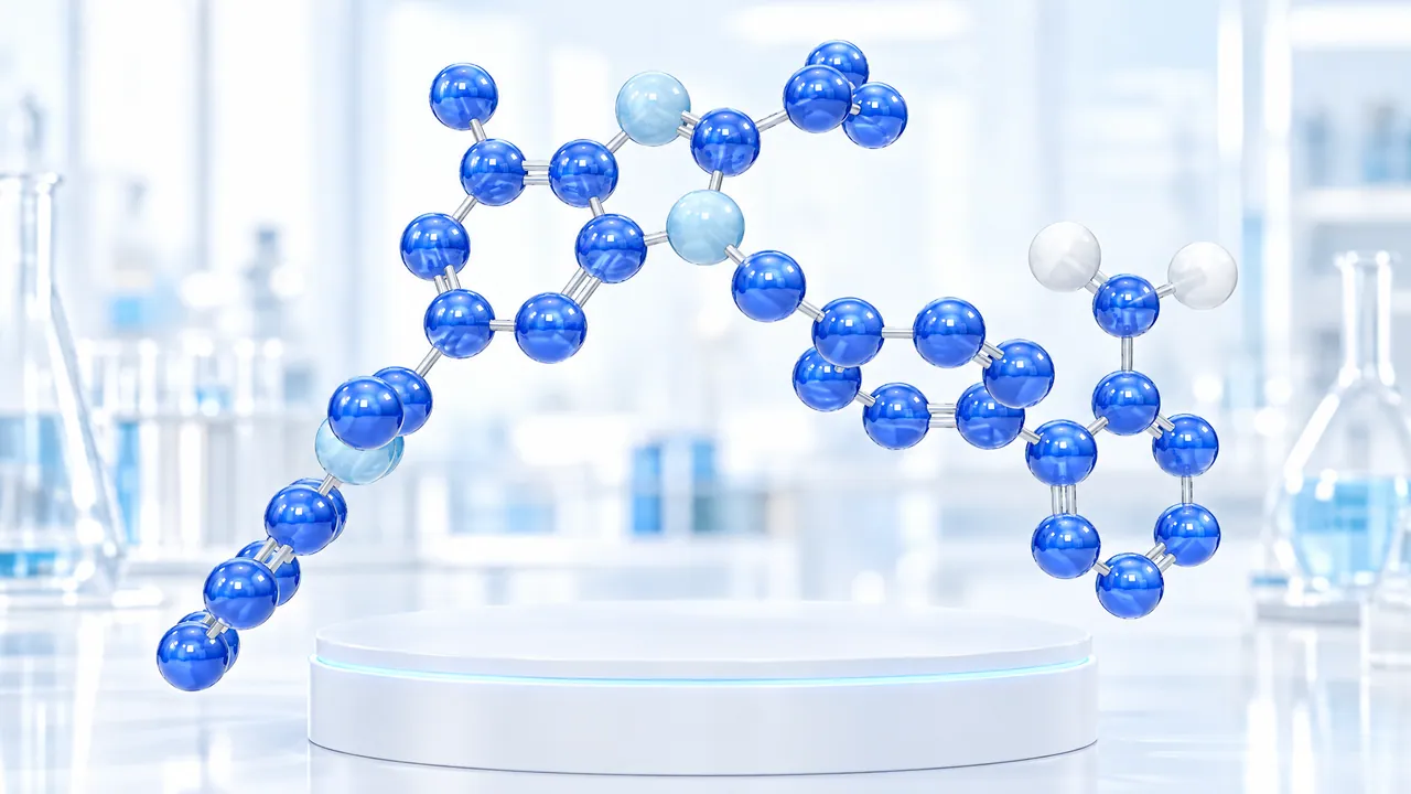 Large blue 3D molecule above a white podium with a glowing ring in a bright lab